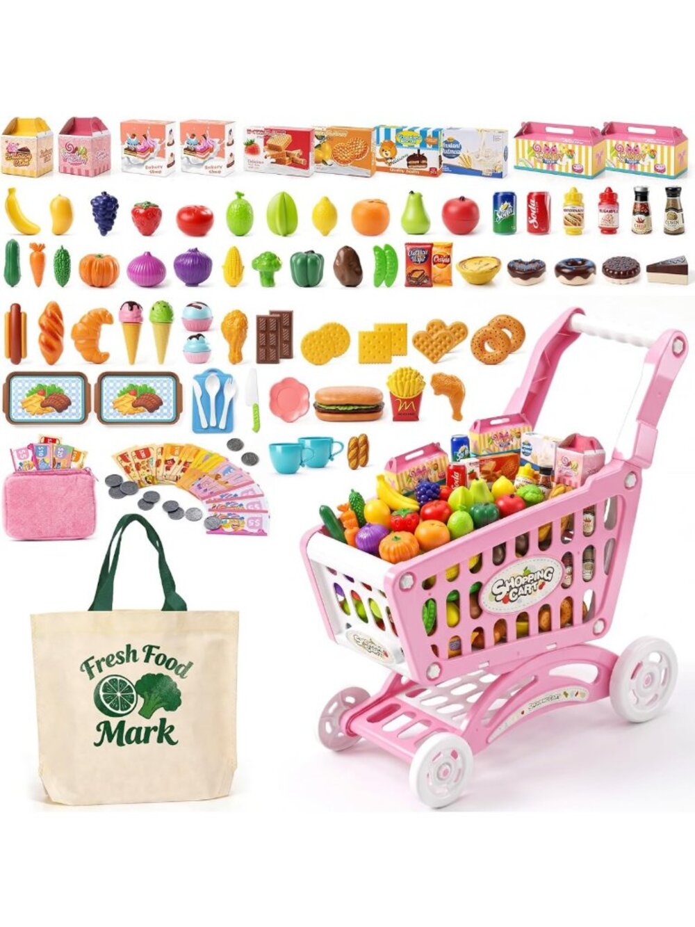 Kids Pretend Shopping Cart Toy Set with Play Food, Accessories & Money - 117pcs